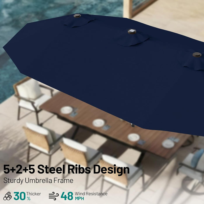 15FT Patio Umbrella with Solar Lights, Double Sided Outdoor Table Umbrellas with Crank, Large Rectangular Market Umbrella for Porch, Lawn, Pool, Backyard, Navy