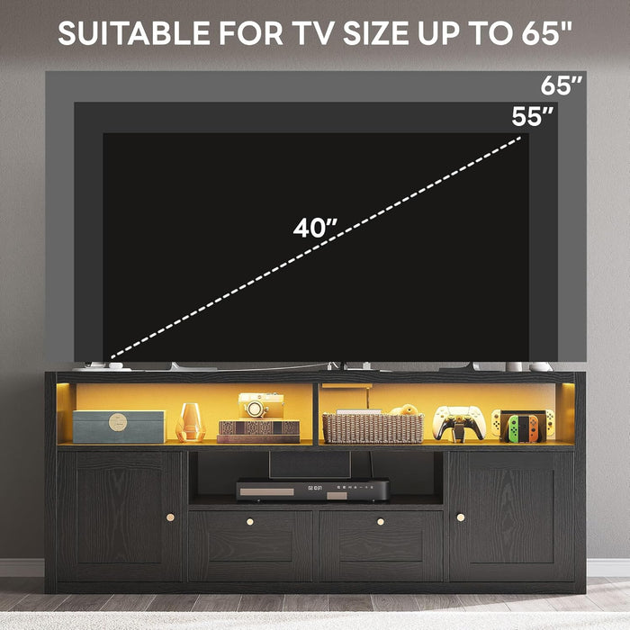 Premium Black TV Stand with 1" Thick Top for 65" TV, Modern TV Console with LED Lights, Charging Station & Storage, High-End Entertainment Center for Living Room and Bedroom