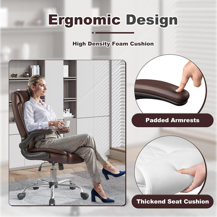 Executive Office Chair, Ergonomic High Back with Adjustable Flip-Up Armrest, Swivel Leather-Papped Seats with Lumbar Support, Brown