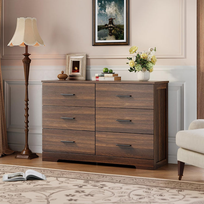 6 Drawer Dresser for Bedroom, Chest of Drawers, Walnut