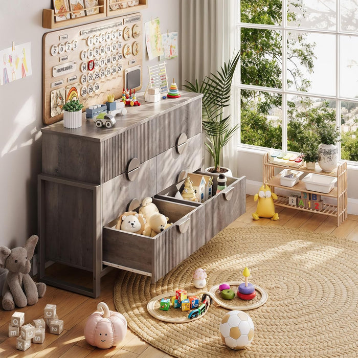 Modern Fluted Dresser for Bedroom, 50" W Solid Chest of Drawers, 6 Large Drawers 34" H Dresser with Great Depth Drawers-Semicylinder Drawer Front Design, Stable Raised Legs, Large Handles,Gray