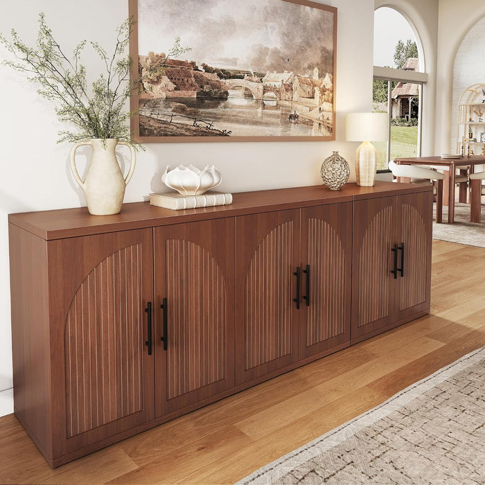 63" Fluted Buffet Cabinet with Storage, Mid-Century Symmetrical Arched Sideboard Credenza with Adjustable Shelf, Large Wood Console Table for Dining Room, Kitchen, Living Room (Warm Walnut)