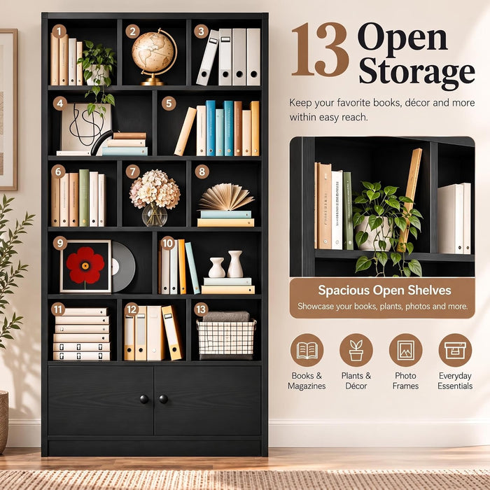 Bookcase with Doors and Open Shelves for Home Office and Living Room