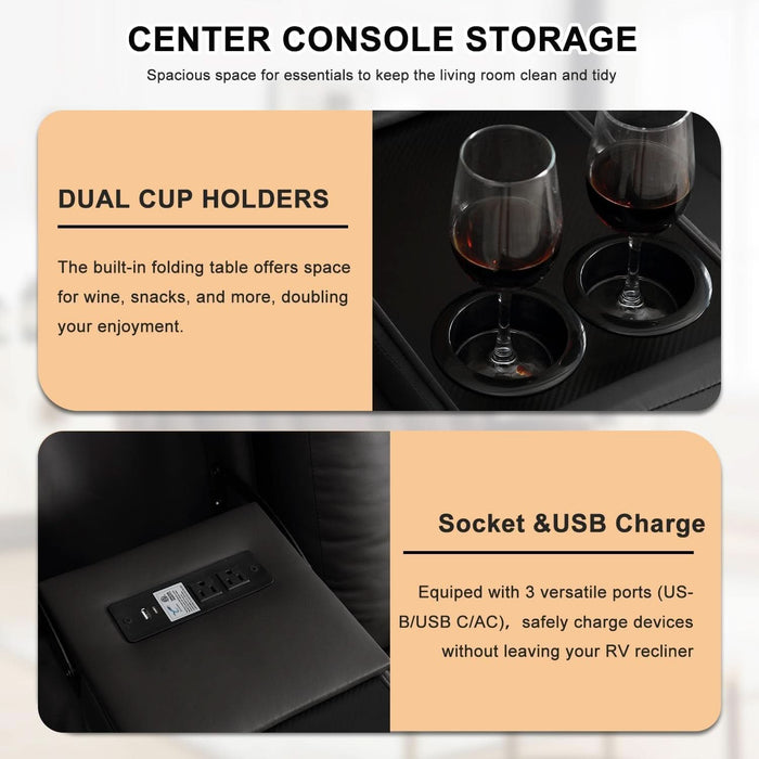 Loveseat Recliner Sofa, RV Recliner Couch, Manual Reclining Loveseat with Console for Living Room, Home Theater Seating with AC/USB C/USB and Drawer (Black, Loveseat with Console)