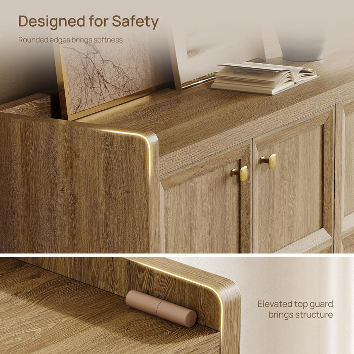 61.7" Buffet Cabinet 4-Door Sideboard Kitchen Living Room Brown Oak | Geometric Doors & Elegant Gold Handle, Slow-Close Door, 2 Separate Bays, 3-Level Adjustable Shelf, Kid & Pet Safe, 77 Lbs Top