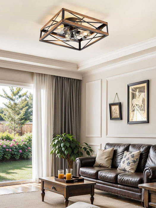 20” Caged Low Profile Ceiling Fans with Lights and Remote, Rustic Square Flush Mount Ceiling Fan, 6 Speed and Reversible, Small Farmhouse Bladeless Ceiling Fan for Bedroom, Kitchen,Dining Room