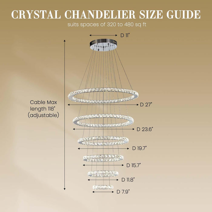 Modern Crystal Chandelier Lighting, 6 Ring Chandelier LED Ceiling Lights Fixtures with 3-Color, High Ceiling Foyer Chandeliers for Living Room Dining Room Staircase, D8-12-16-20-24"-28"