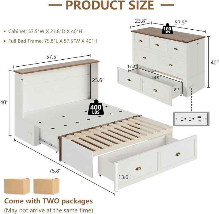 Full Size Murphy Bed, Farmhouse Wooden Cabinet with Charging Station and Storage Drawer for Bedroom/Office/Guest Room, White+Barnwood