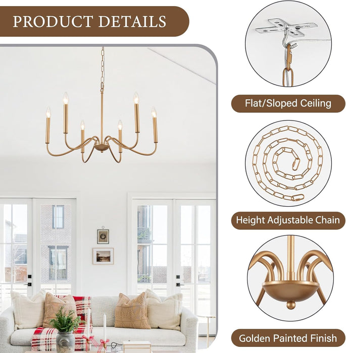 Six Light Gold Plated Chandelier IndustrialFarmhouseStyle