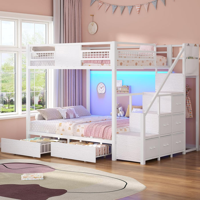Bunk Bed Full over Full with Stairs, LED Lights Full Bunk Beds with 2 Storage Drawers & 6 Fabric Drawers, Metal Full Loft Beds with Safety Guardrail & Stairs, Space Saving, White
