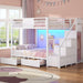 Bunk Bed Full over Full with Stairs, LED Lights Full Bunk Beds with 2 Storage Drawers & 6 Fabric Drawers, Metal Full Loft Beds with Safety Guardrail & Stairs, Space Saving, White