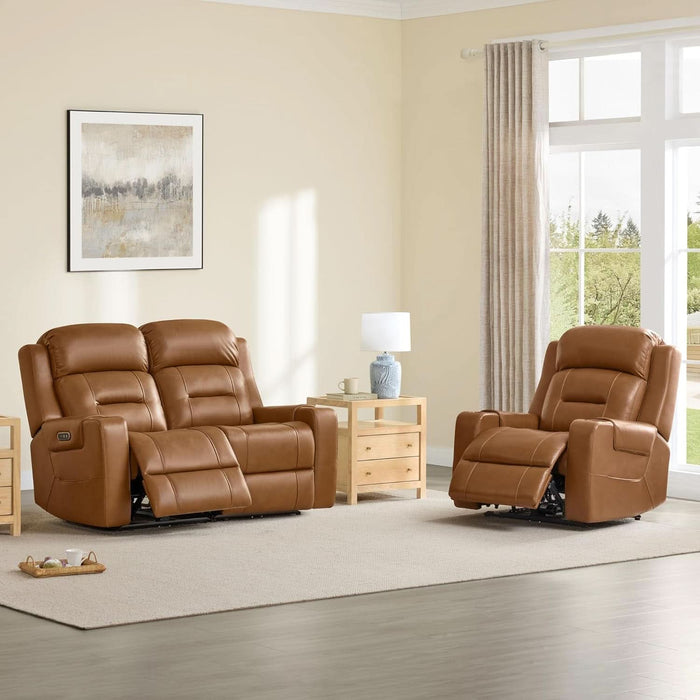 Genuine Leather Power Loveseat Recliner Sofa, Lay Flat Loveseat Reclining Sofa with Power Headrest, Cup Holders, USB & Type-C Ports, Dual Recliners for Living Room, Saddle Brown