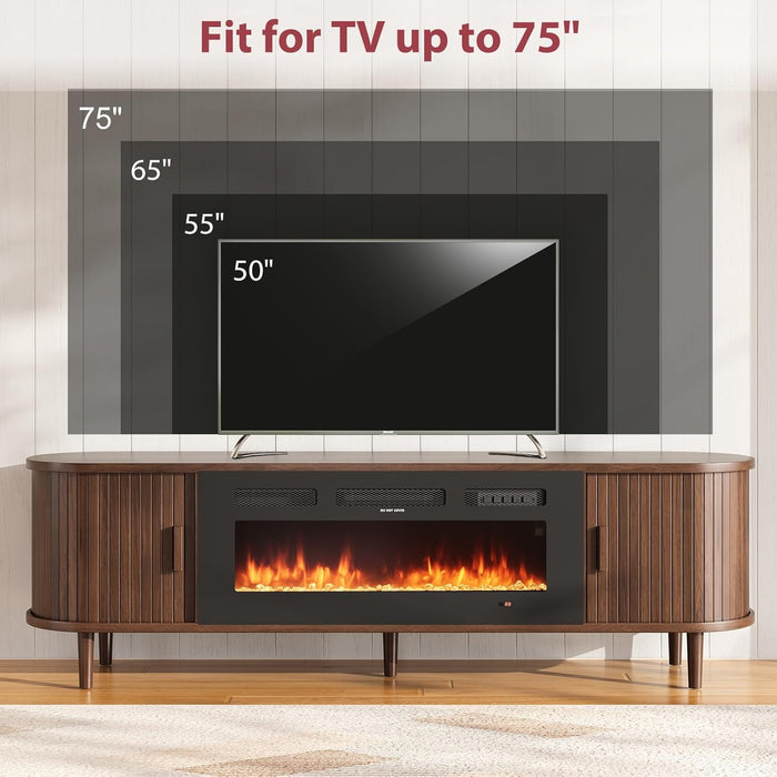 70" Mid Century Modern TV Stand with Fireplace, Fluted Fireplace TV Stand, Entertainment Center with Sliding Door, TV Console with Solid Wood Legs for Living Room, Walnut