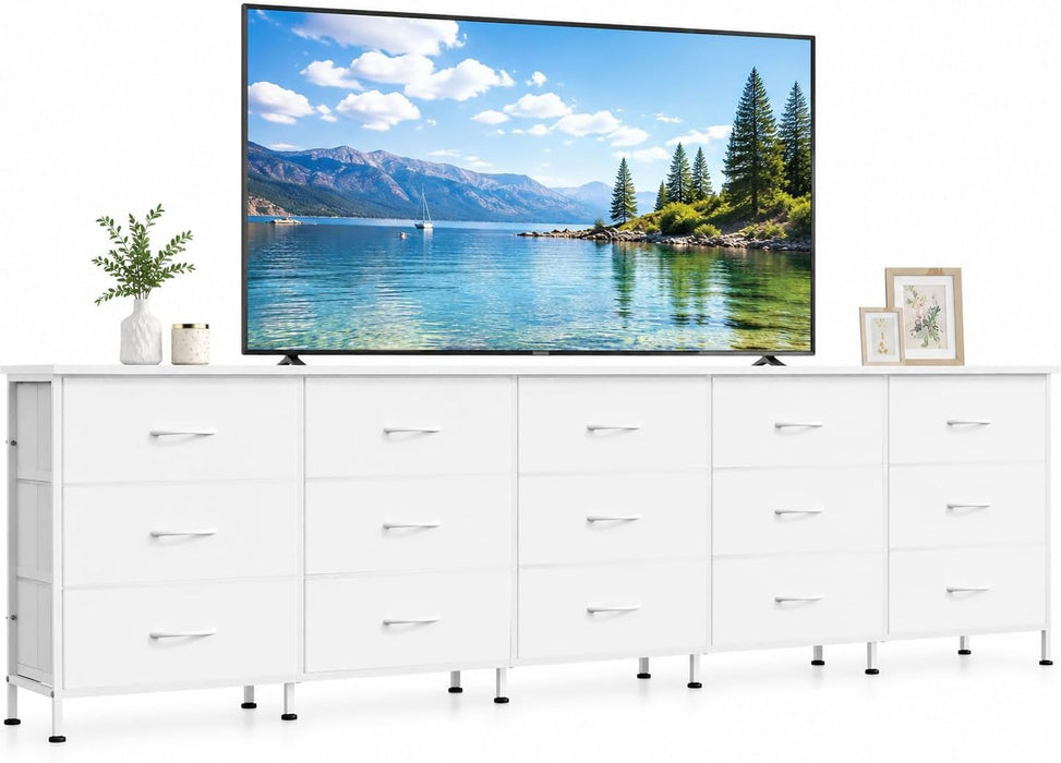 92 Inch Dresser TV Stand for 98 Inch TV, 15 Drawer Dresser, White