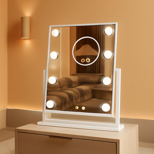 Lighted Makeup Mirror, 14"X 12" Hollywood Vanity Mirror with 9 LED Bulbs, 3 Color Lights, and Detachable 10X Magnification Mirror, 1200Mah Rechargeable, Touch Control, 360°Rotation (White)