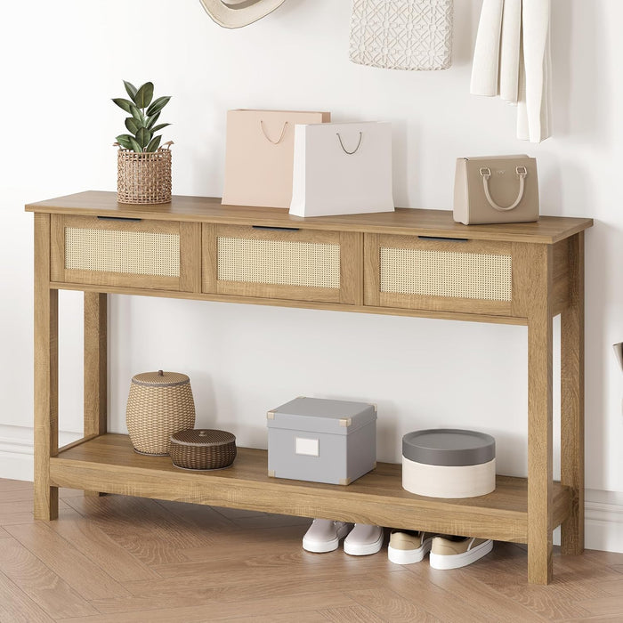 Rattan Console Table Boho Entryway Table with 3 Drawers Storage, Narrow Long behind Couch Sofa Table for Living Room Side Table Entry Way Table Entrance Hallway Foyer, Natural, 47 Inch