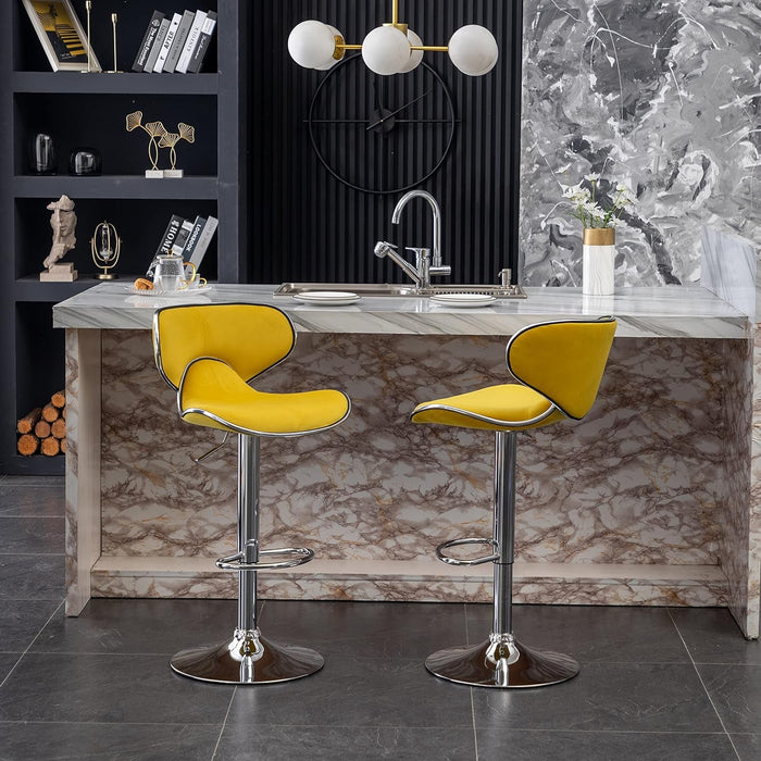 Masaccio Velvet Upholstered Adjustable Swivel Barstool, Set of 2, Yellow
