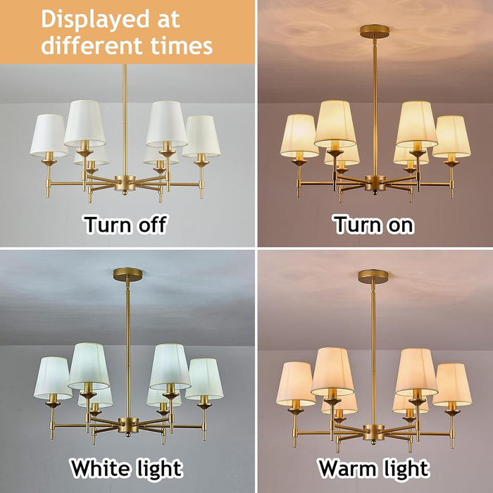 Gold Chandelier with Shades 6 Light Ceiling Light Fixture with Linen Fabric Farmhouse Pendant Lights for Bedroom Kitchen Dining Room Living Room Foyer