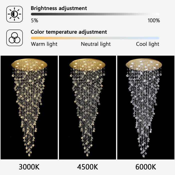 98'' Modern Crystal Chandelier for Entryway Raindrop Chandeliers LED Dimmable High Ceiling Flush Mount Light Fixtures for Staircaes Hallway Foyer Living Room LED Bulbs Included Gold