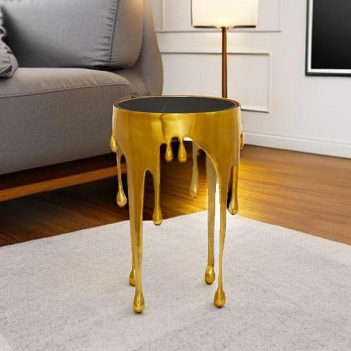 Aluminum Metal Abstract Melting Drip Accent Table with Melting Design and Shaded Glass Top, 16' X 16' X 25', Gold