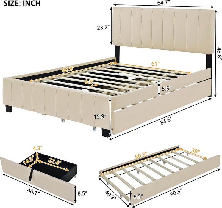 Queen Bed Frame with Trundle Bed,Velvet Upholstered Platform Bed Frame with Storage Drawers,Queen Size Trundle Bed with Headboard for Kids Teens Adults,Beige