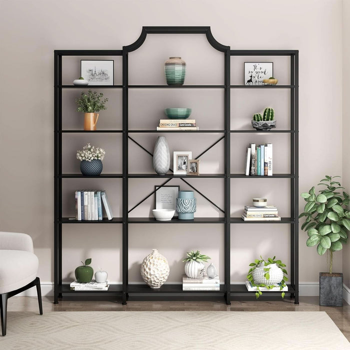 Triple Wide 5-Tier Bookshelf, 70.87" L X 79.13" H Extra Large Bookcase, Tall Open Etagere Display Shelf with Metal Frame, Freestanding Modern Storage Shelves for Home Office (Black)