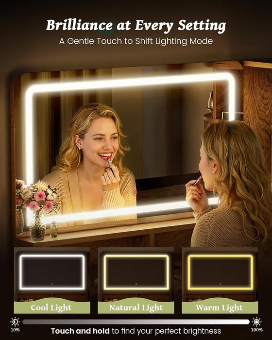 Womens Vanity with Mirror and Led Lights - 47.3" Makeup Vanitys with 360° Rotating Storage Shelf and 4 Drawers, Fluted Wood Vanities with Power Outlet & Holder for Bedroom