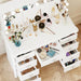 White Makeup Vanity Table Dressing Desk W/3-Mirrors,Lighted Mirror, Drawers, Hidden Storage Shelves Carved Metal Handles