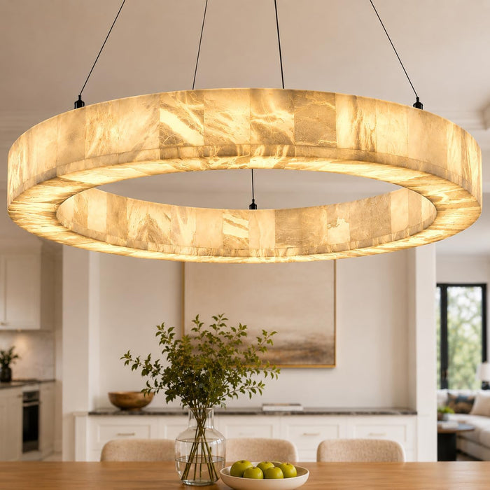 Alabaster round Chandelier, 31.5In Spanish Natural Marble Pendant Light, Dimmable 3-Color Modern Marble Chandelier for Dining Room, Living Room, Bedroom, Bathroom & Foyer