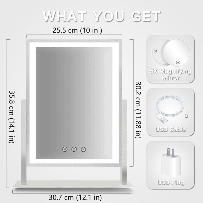 Lighted Makeup Mirror, Hollywood Vanity Mirror with Lights, Three Color Lighting Modes, and 5X Magnification Mirror, Smart Touch Control, 360°Rotation (14.1In,White,Gift Box)