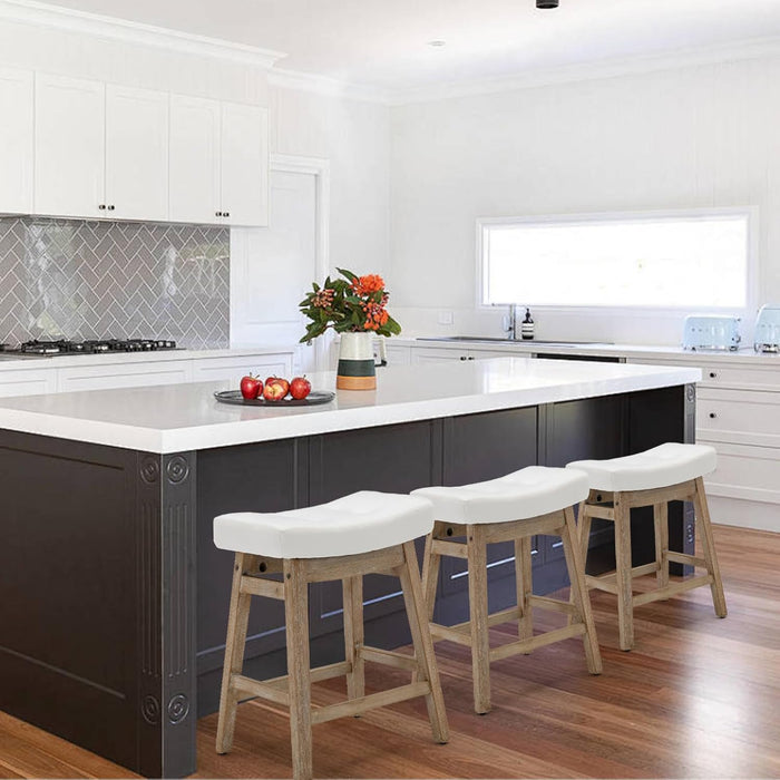 Counter Height Bar Stools Set of 6, Barstools with Upholstered Leather Saddle Seat and Solid Wood Legs 24 Inch Kitchen Counter Stools for Bar, Dining, Farmhouse, White