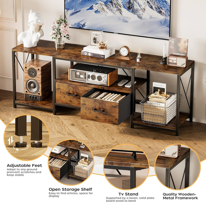TV Stand for Tvs up to 75 Inch, Entertainment Center with Fabric Drawers, TV Media Console Table with Open Storage Shelves for Living Room, Bedroom, Rustic Brown