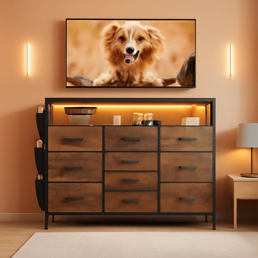 Dresser for Bedroom with 10 Fabric Drawers, Dresser with LED Lights & Power Outlets, 55" TV Stand Dresser with Side Pockets and Wood Open Shelves for Bedroom, Entryway, Rustic Brown