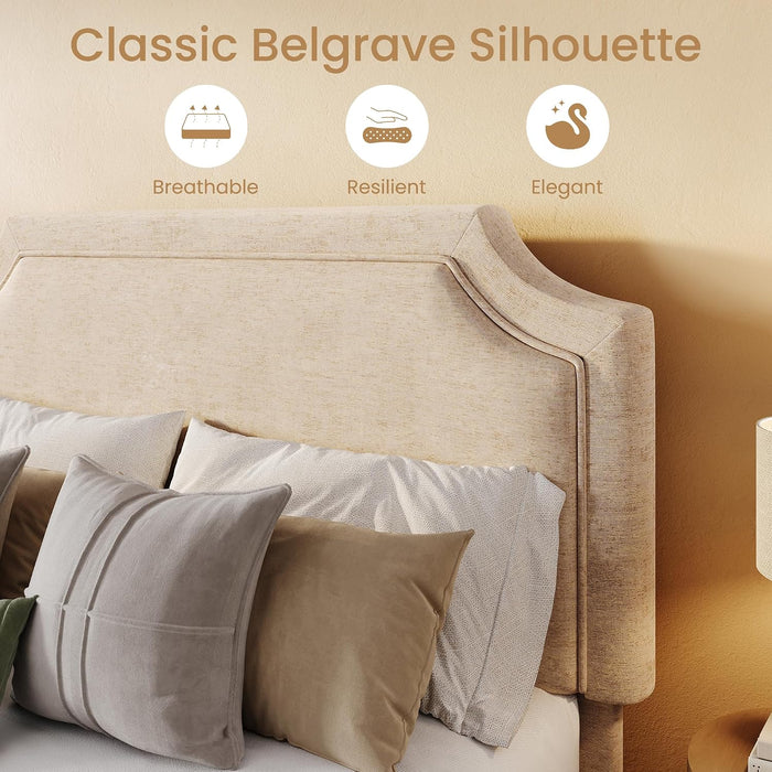 Chenille Queen Size Bed Frame with Belgrave Headboard, Beige