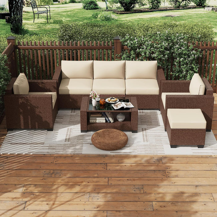 Patio Furniture Set 7 PCS Patio Conversation Sets, All-Weather PE Rattan Outdoor Sectional Sofa with Cushion and 2- Tier Glass Coffee Table（Brown/Beige）