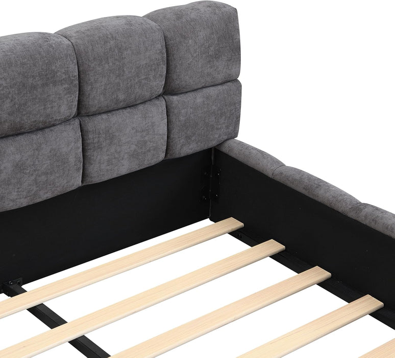 King Size Elegant Chenille Upholstered Platform Bed with Thick Headboard and Footboard, Block Style Upholstery Grounded Bed Frame, Gray