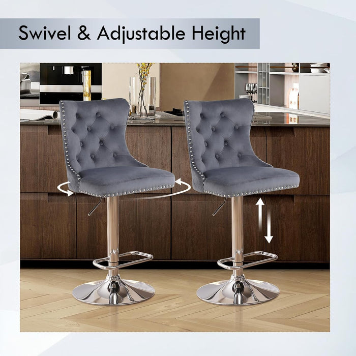 Velvet Adjustable Swivel Bar Stools Set of 4, High Tufted Back Modern Counter Height Stools Chrome Footrest/Lion Pull Ring/Rivet Trim/Diamond Pattern Kitchen Dining Pub Bar Chairs, Dark Grey