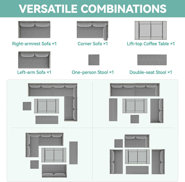 L-Shaped Outdoor Sectional Sofa Set with Adjustable Lift-Top Dining Table, All-Weather Wicker Patio Furniture, Ottoman & Tempered Glass Top, Gray Gradient