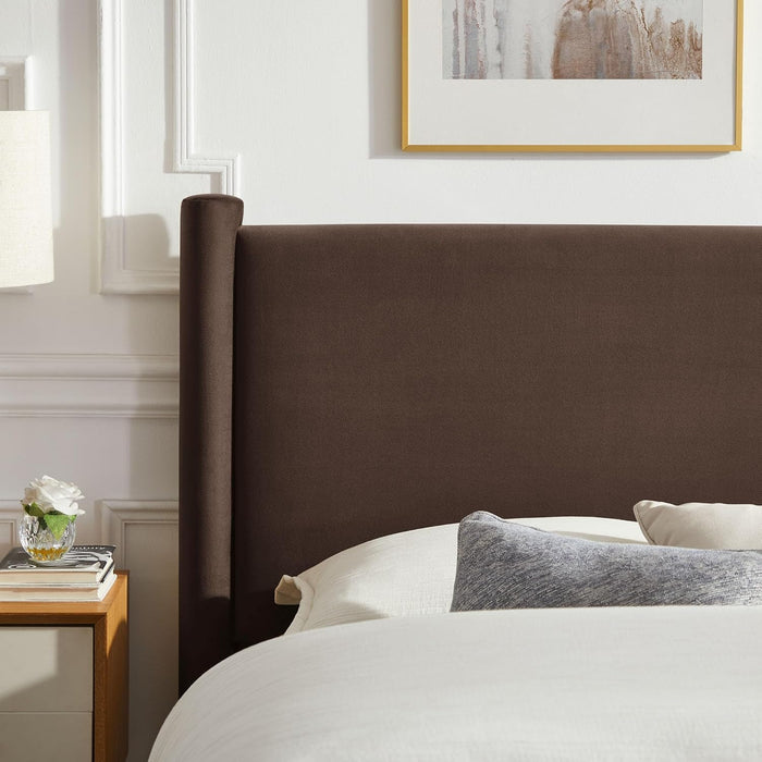 Rael Queen Platform Bed Frame with Upholstered Headboard and Footboard in Chocolate Brown – Stain-Resistant Performance Velvet Queen Size Bed with Rounded Posts