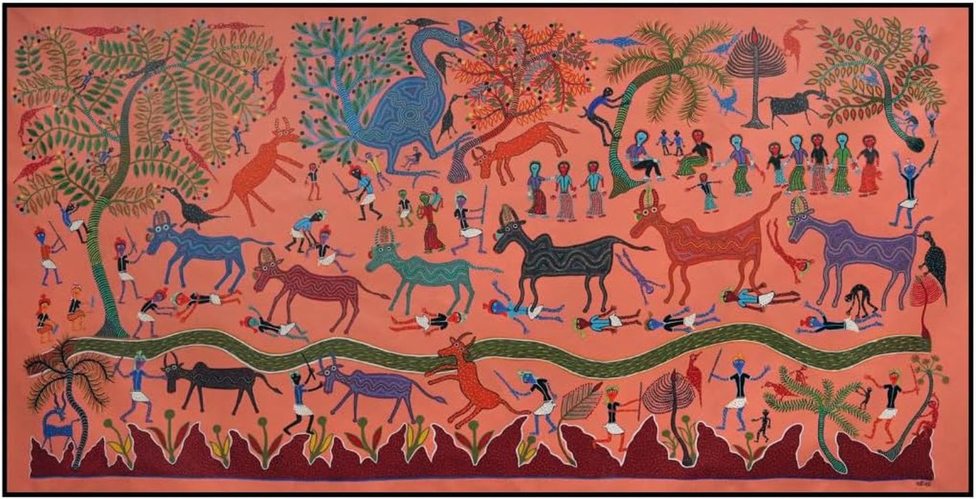 Stampede in the Village | Bhil Art by Bhuri Bai | Exquisite Indian Tribal Artwork | Traditional Folk Painting on Canvas | Vibrant Energy & Cultural Balance | Captivating Wall Décor | Meaningful & Unique Gift