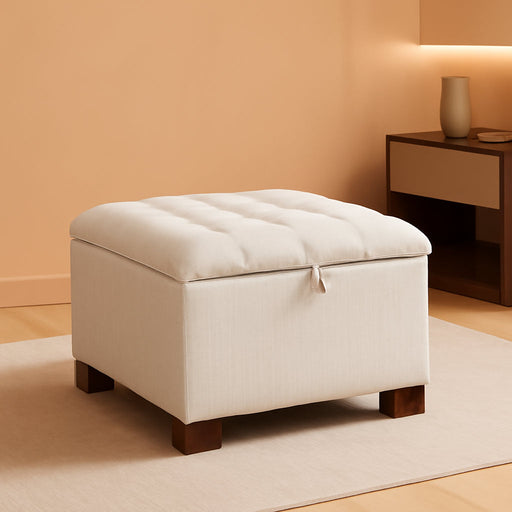 30" Fabric Square Storage Ottoman with Wooden Tray, Modern Tufted Button Footstool Coffee Table, Upholstered Large Ottoman for Living Room, Bedroom, Beige