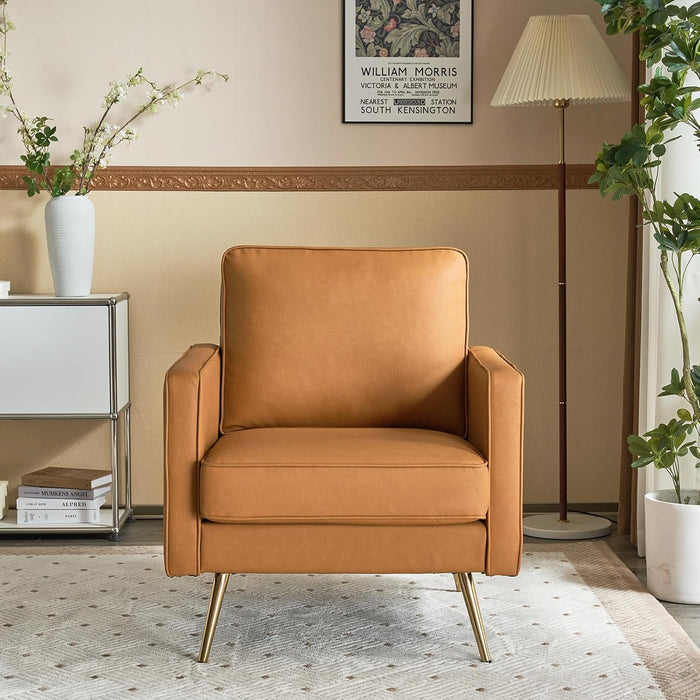 Living Room Chairs Set of 2, Brown PU Leather Accent Chair Mid Century Modern Upholstered Sofa Chairs with Arms, Gold Legs for Living Room, Bedroom, Apartment