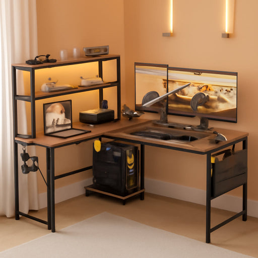 L Shaped Desk Gaming Desk with LED Light & Power Outlet, 53 Inch Reversible L Shaped Computer Desk with Shelf, Corner Desk with Storage Bag&Hook for Home Office Desk, Vintage