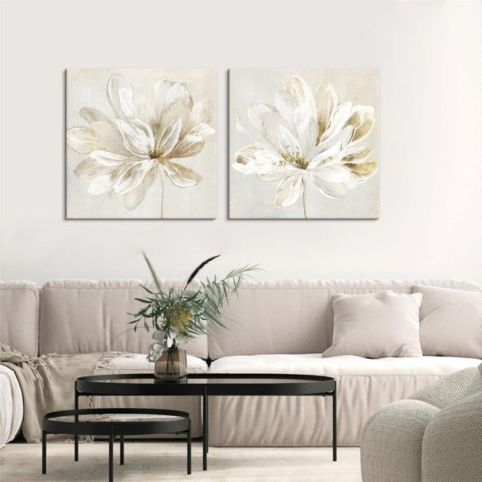 2 Pcs Beige and Gold Flower Wall Art Blooming Flower Abstract Floral Artwork Canvas Print Poster for Living Room Bedroom Office Wall Decor 24"X24"