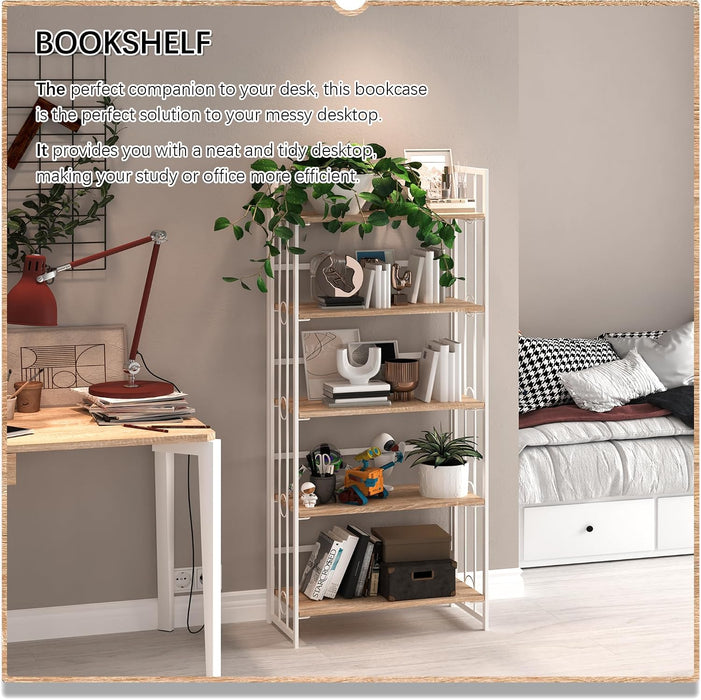 No Assembly 5 Tiers Folding Bookshelf, 59.4" H Foldable Storage Shelves Vintage Bookcase Standing Racks Study Organizer Home Office - Natural White