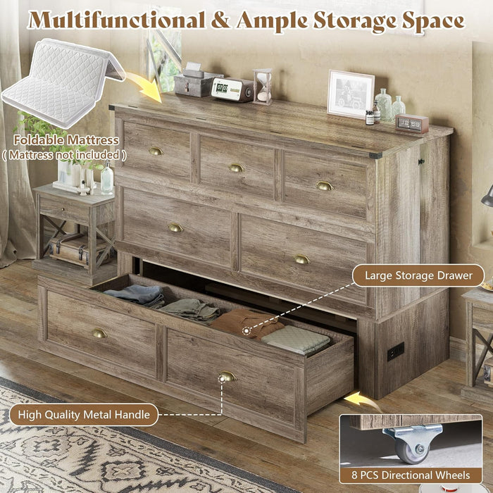 Full Size Murphy Bed, Farmhouse Wooden Cabinet with Charging Station and Storage Drawer for Bedroom/Office/Guest Room, Grey Oak