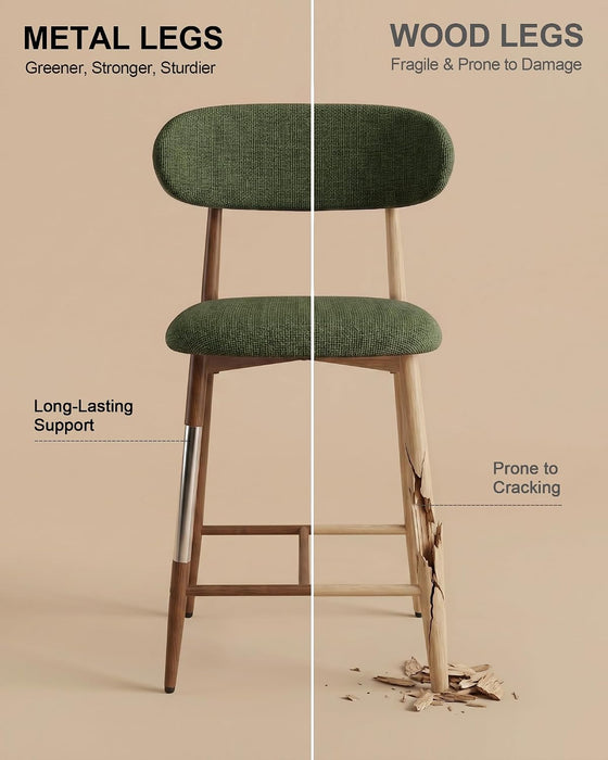 Metal Bar Stools Set of 3, 26″ Counter Height Bar Stools with Backs, Mid Century Modern Upholstered Barstools for Kitchen Island, Dining Room, Green