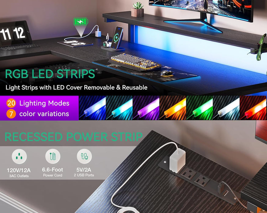 61" L Shaped Desk with Drawer, Computer Desk with Power Outlets & LED Lights, Reversible Corner Gaming Desk for Home Office Workstation, Office Desk with Monitor Shelf, Pure Black