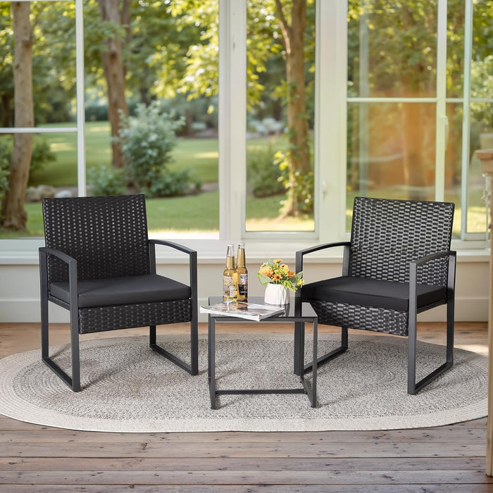 3 Piece Wicker Conversation Bistro Sets Outdoor Patio Set Modern Rattan Chair Furniture Sets with Coffee Table for Yard Garden Porch Lawn (Black)