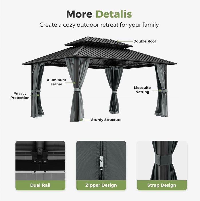 12x16 Grey Aluminum Gazebo With Weatherproof Roofing